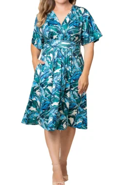 Gia Midi Dress - Teal Palm Print - Plus
