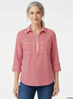 Half Zip Blouse With Pockets