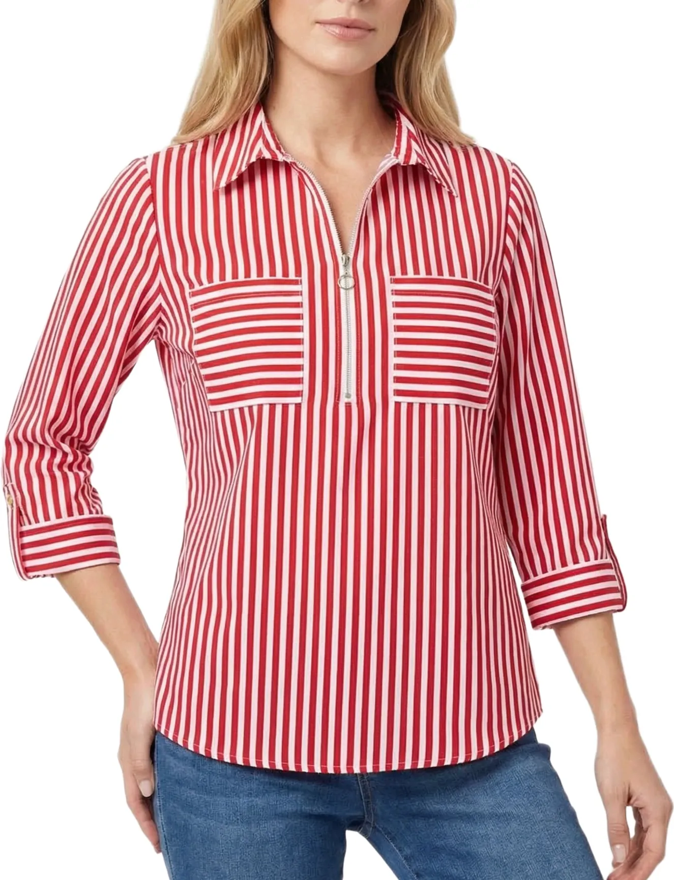 Half Zip Blouse With Pockets