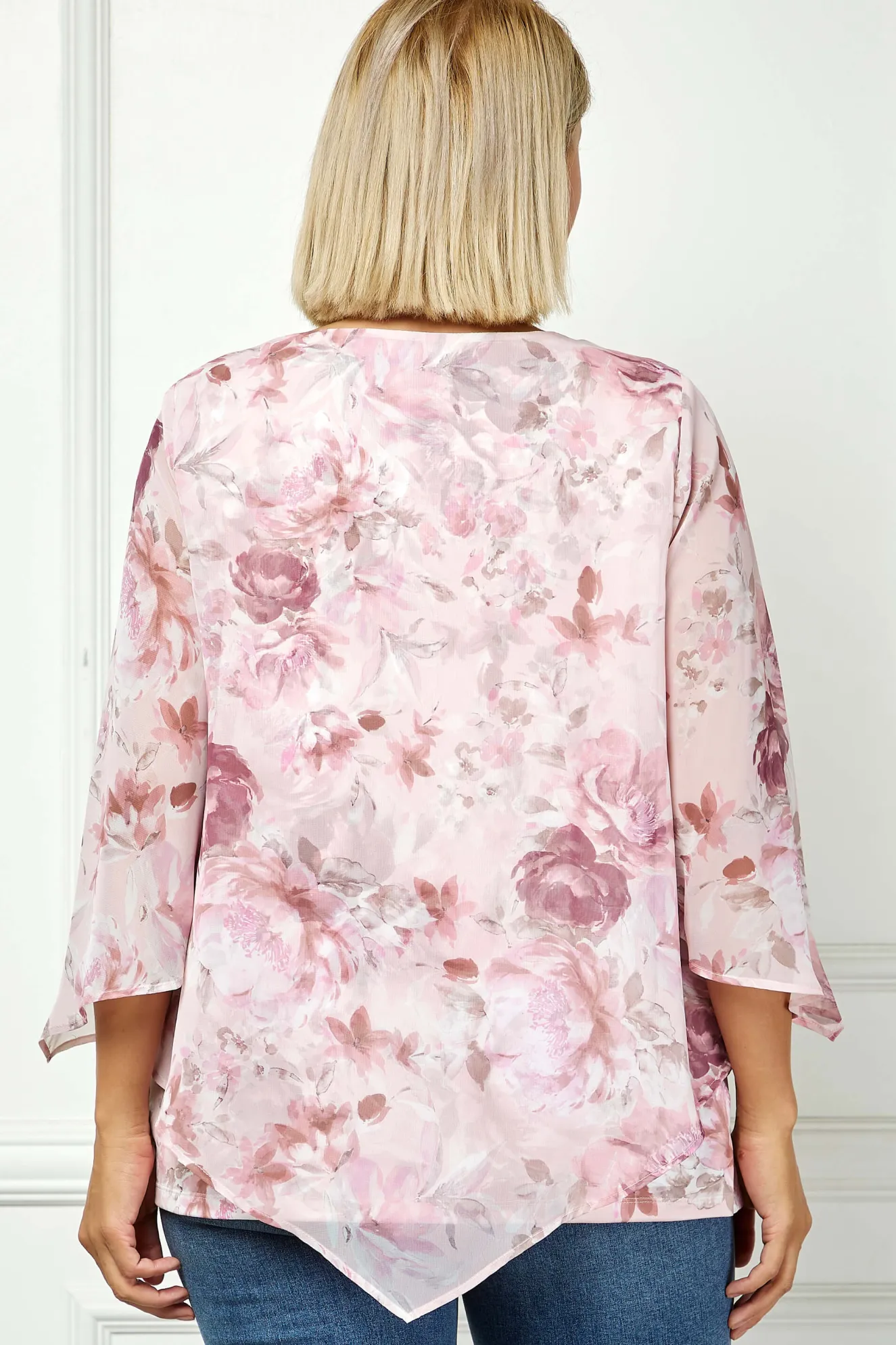 Hanky Hem Poncho V-Neck Blouse with Necklace - Plus - Pink