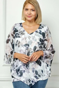 Hanky Hem Poncho V-Neck Blouse with Necklace - Plus - Gray