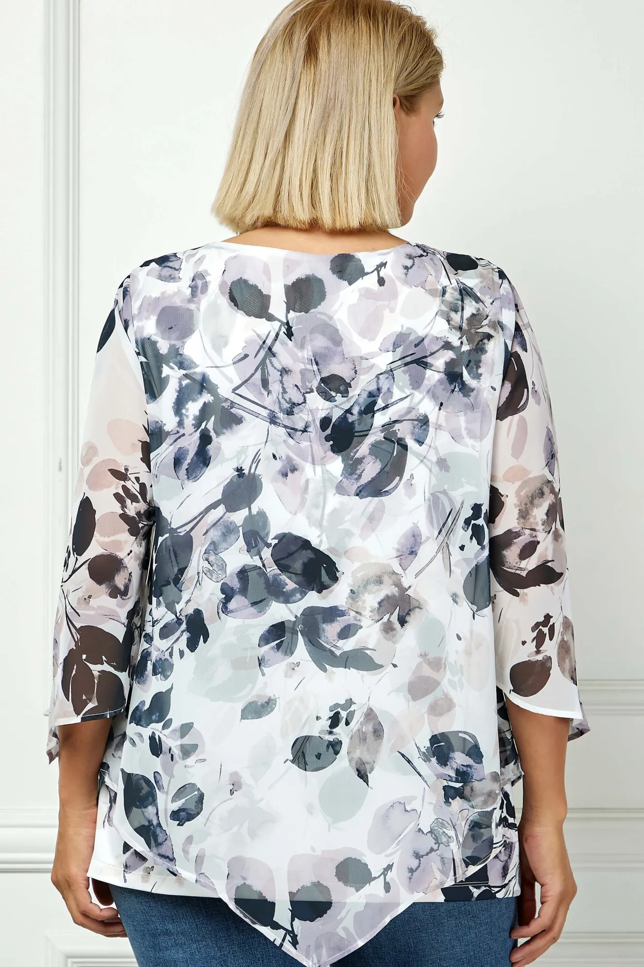 Hanky Hem Poncho V-Neck Blouse with Necklace - Plus - Gray