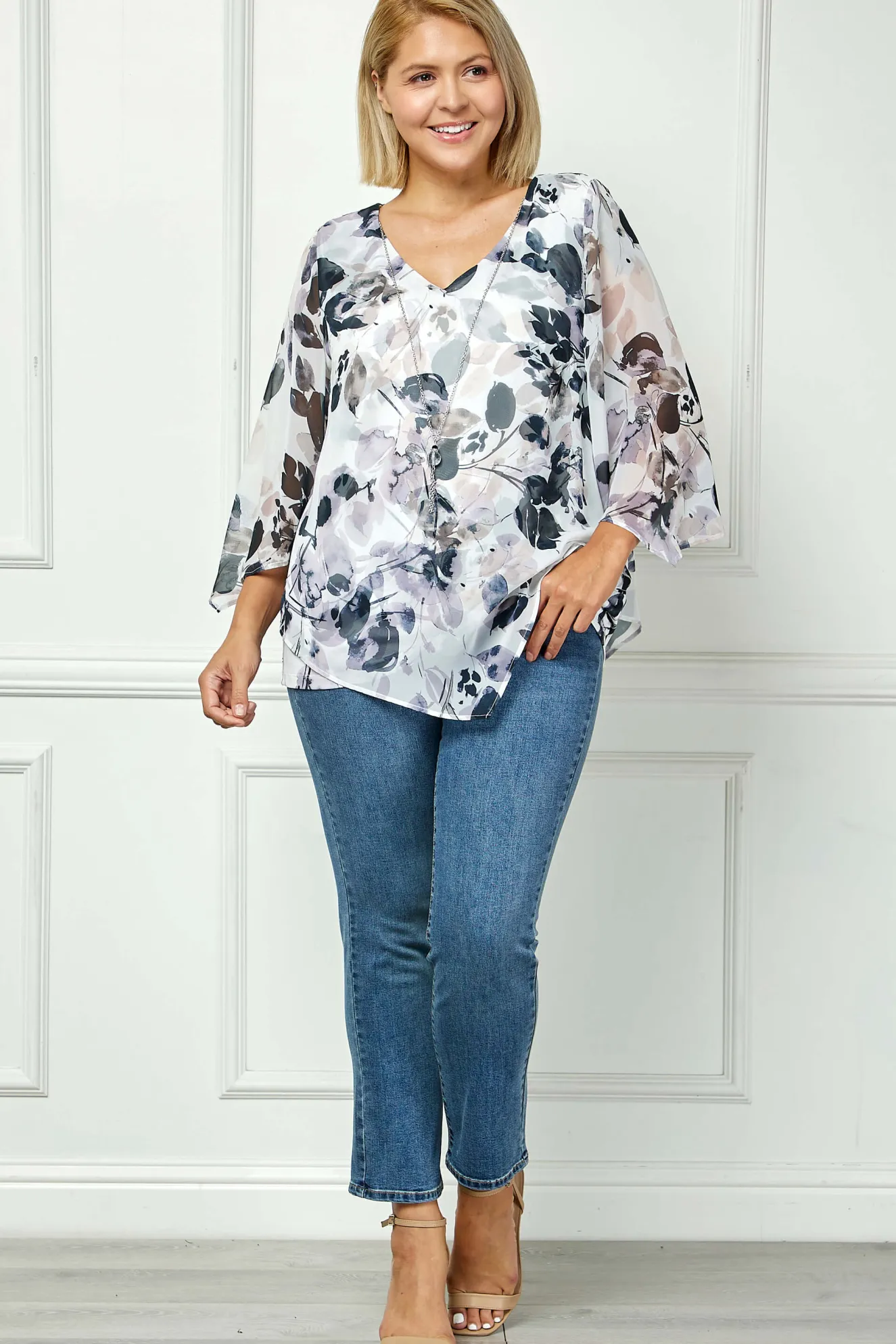 Hanky Hem Poncho V-Neck Blouse with Necklace - Plus - Gray