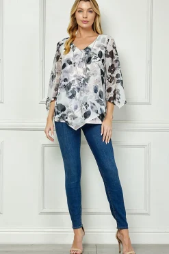 Hanky Hem Poncho V-Neck Blouse with Necklace - Gray