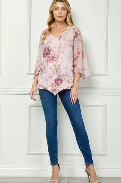 Hanky Hem Poncho V-Neck Blouse with Necklace - Pink