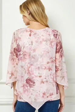 Hanky Hem Poncho V-Neck Blouse with Necklace - Pink