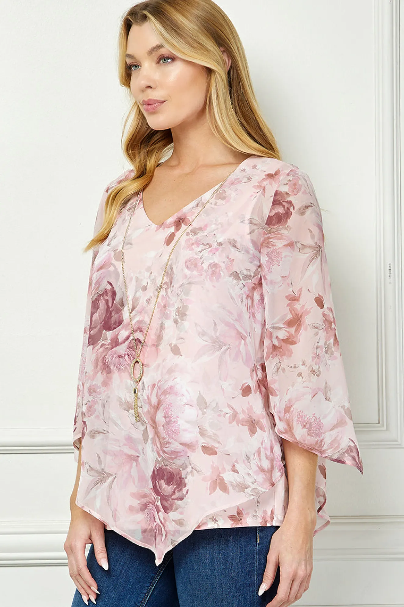 Hanky Hem Poncho V-Neck Blouse with Necklace - Pink