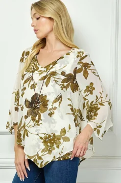 Hanky Sleeve V-Neck Poncho with Necklace in Ivory/Olive/Black