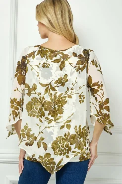 Hanky Sleeve V-Neck Poncho with Necklace in Ivory/Olive/Black