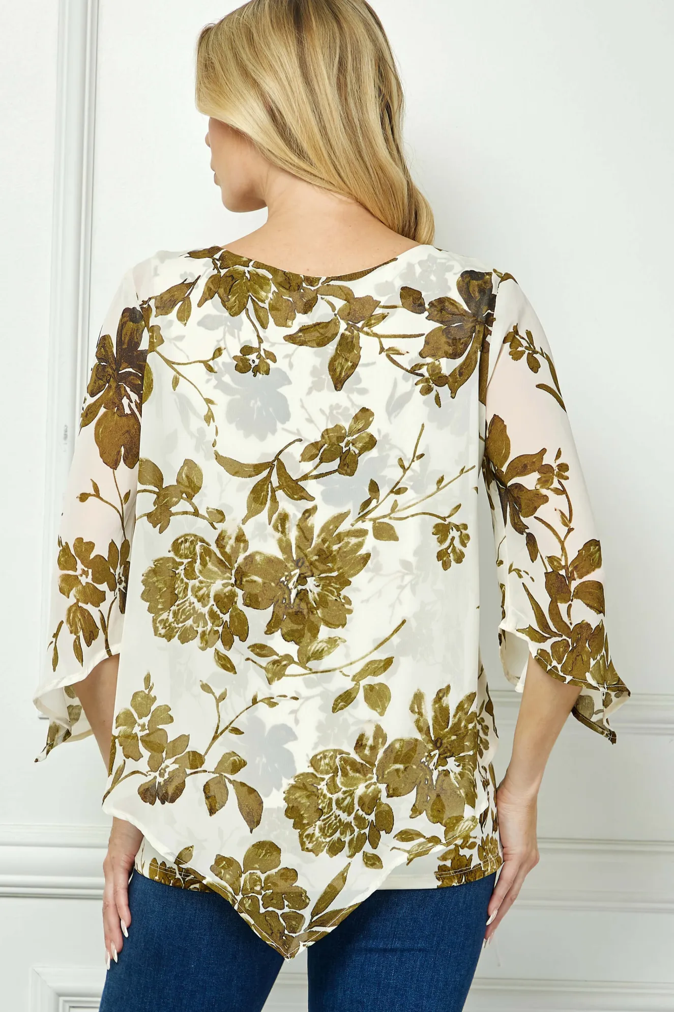 Hanky Sleeve V-Neck Poncho with Necklace in Ivory/Olive/Black
