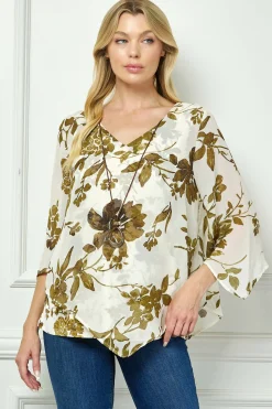 Hanky Sleeve V-Neck Poncho with Necklace in Ivory/Olive/Black