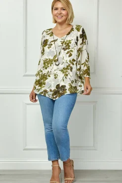 Hanky Sleeve V-Neck Poncho with Necklace in Ivory/Olive/Black - Plus