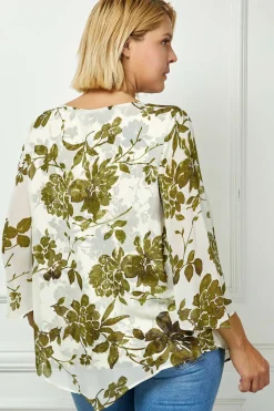 Hanky Sleeve V-Neck Poncho with Necklace in Ivory/Olive/Black - Plus