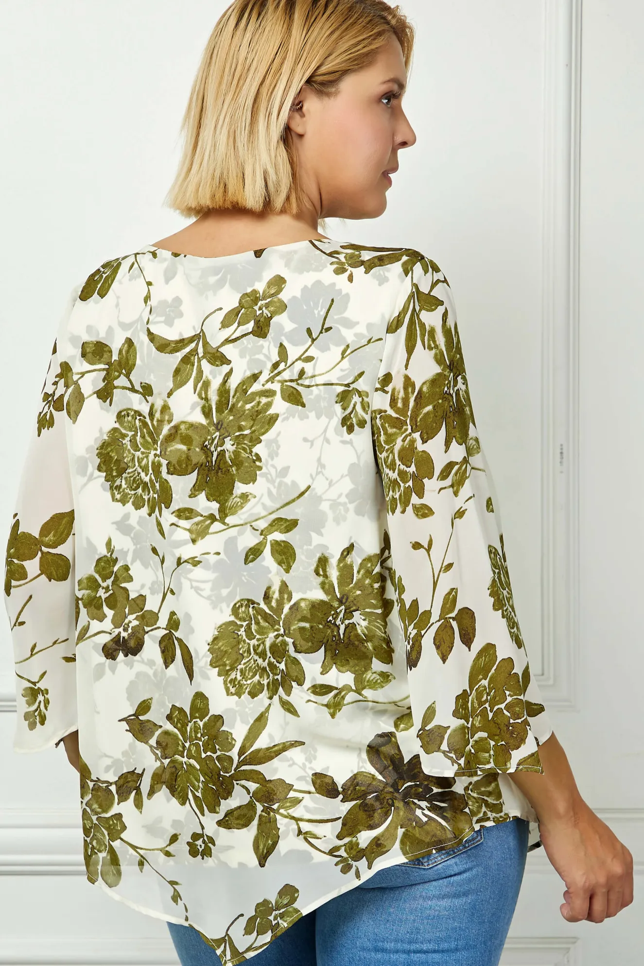 Hanky Sleeve V-Neck Poncho with Necklace in Ivory/Olive/Black - Plus