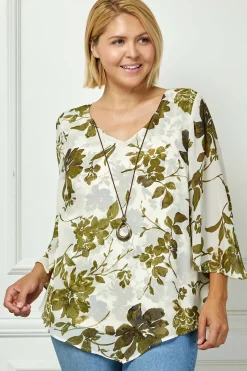 Hanky Sleeve V-Neck Poncho with Necklace in Ivory/Olive/Black - Plus