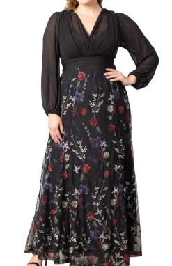 Isabella Embroidered Mesh Gown - Black - Plus
