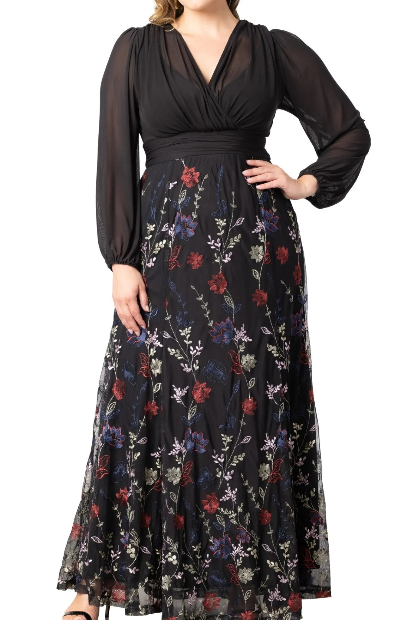 Isabella Embroidered Mesh Gown - Black - Plus