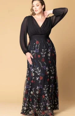 Isabella Embroidered Mesh Gown - Black - Plus