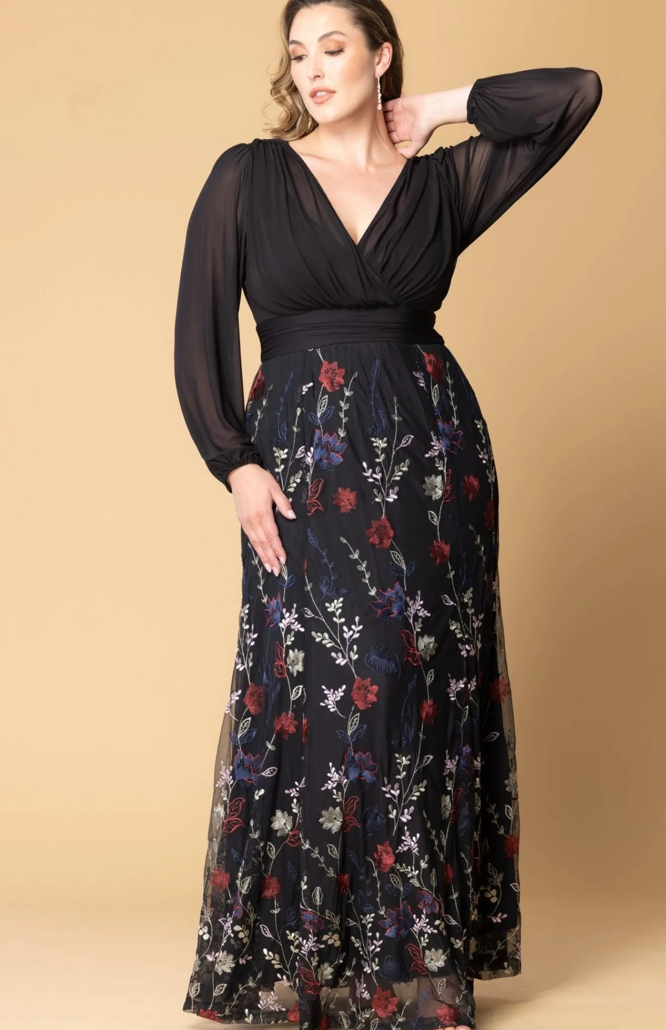 Isabella Embroidered Mesh Gown - Black - Plus