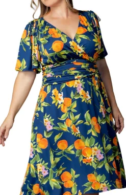 Jemma Ruched Tie Dress - Navy Citrus - Plus