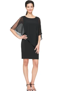 Jersey Sheath Dress with Asymmetric Chiffon Capelet - Black