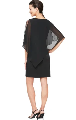 Jersey Sheath Dress with Asymmetric Chiffon Capelet - Black
