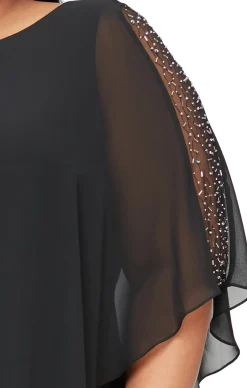 Jersey Sheath Dress with Asymmetric Chiffon Capelet- Black - Plus