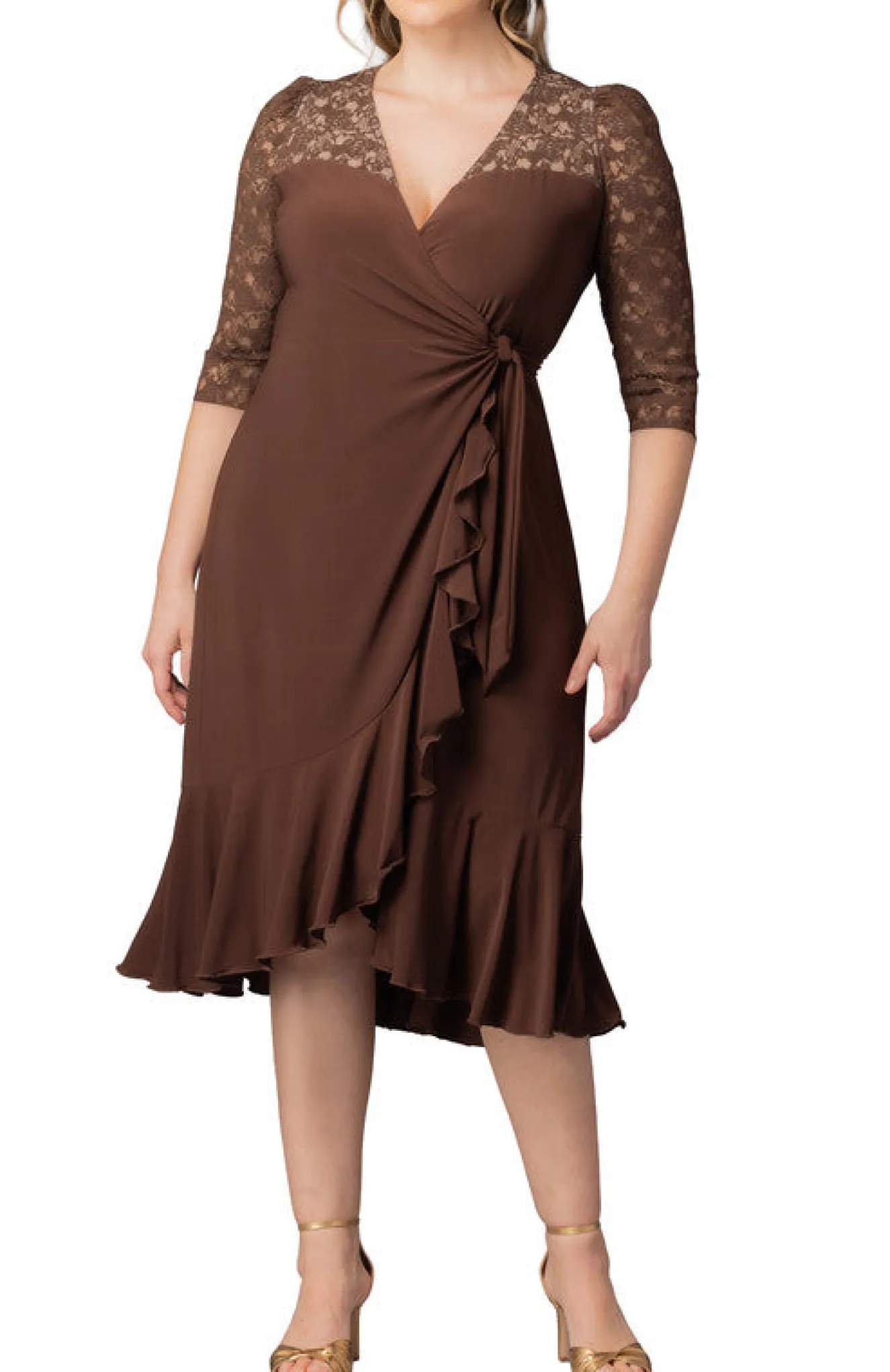 Lavish Lace Wrap Dress-Chocolate -Plus