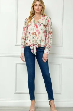 Long Cuff Sleeve V-Neck Button Front Tie Blouse in Beige