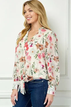 Long Cuff Sleeve V-Neck Button Front Tie Blouse in Beige