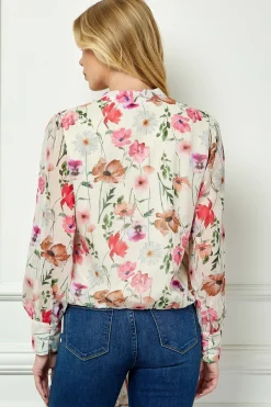 Long Cuff Sleeve V-Neck Button Front Tie Blouse in Beige