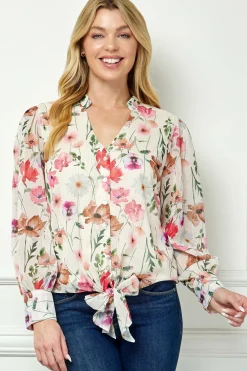 Long Cuff Sleeve V-Neck Button Front Tie Blouse in Beige