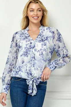 Long Cuff Sleeve V-Neck Button Front Tie Blouse in Blue