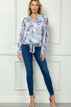 Long Cuff Sleeve V-Neck Button Front Tie Blouse in Blue
