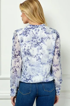 Long Cuff Sleeve V-Neck Button Front Tie Blouse in Blue