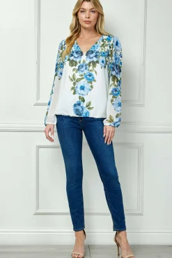Long Elastic Cuff Sleeve V-Neck Placement Print Bubble Blouse