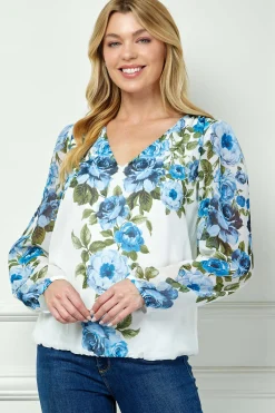 Long Elastic Cuff Sleeve V-Neck Placement Print Bubble Blouse