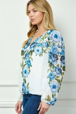 Long Elastic Cuff Sleeve V-Neck Placement Print Bubble Blouse