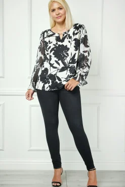 Long Ruffle Sleeve Cutout Trim Front Neck Mix Media Blouse - Plus