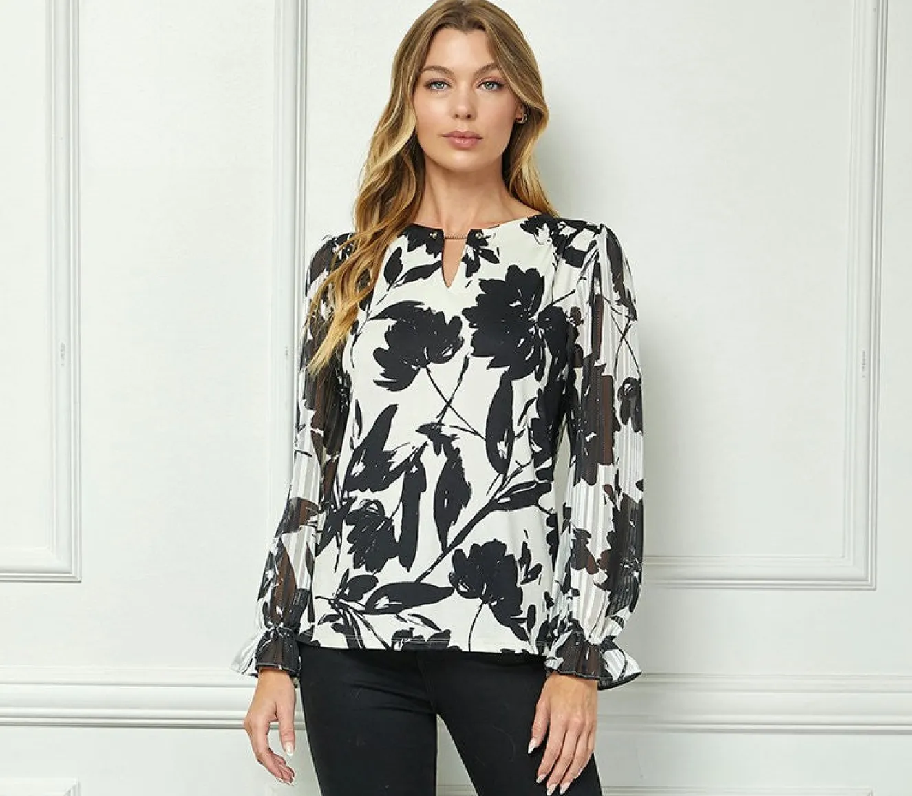 Long Ruffle Sleeve Cutout Trim Front Neck Mix Media Blouse