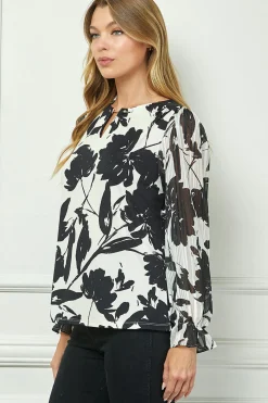 Long Ruffle Sleeve Cutout Trim Front Neck Mix Media Blouse