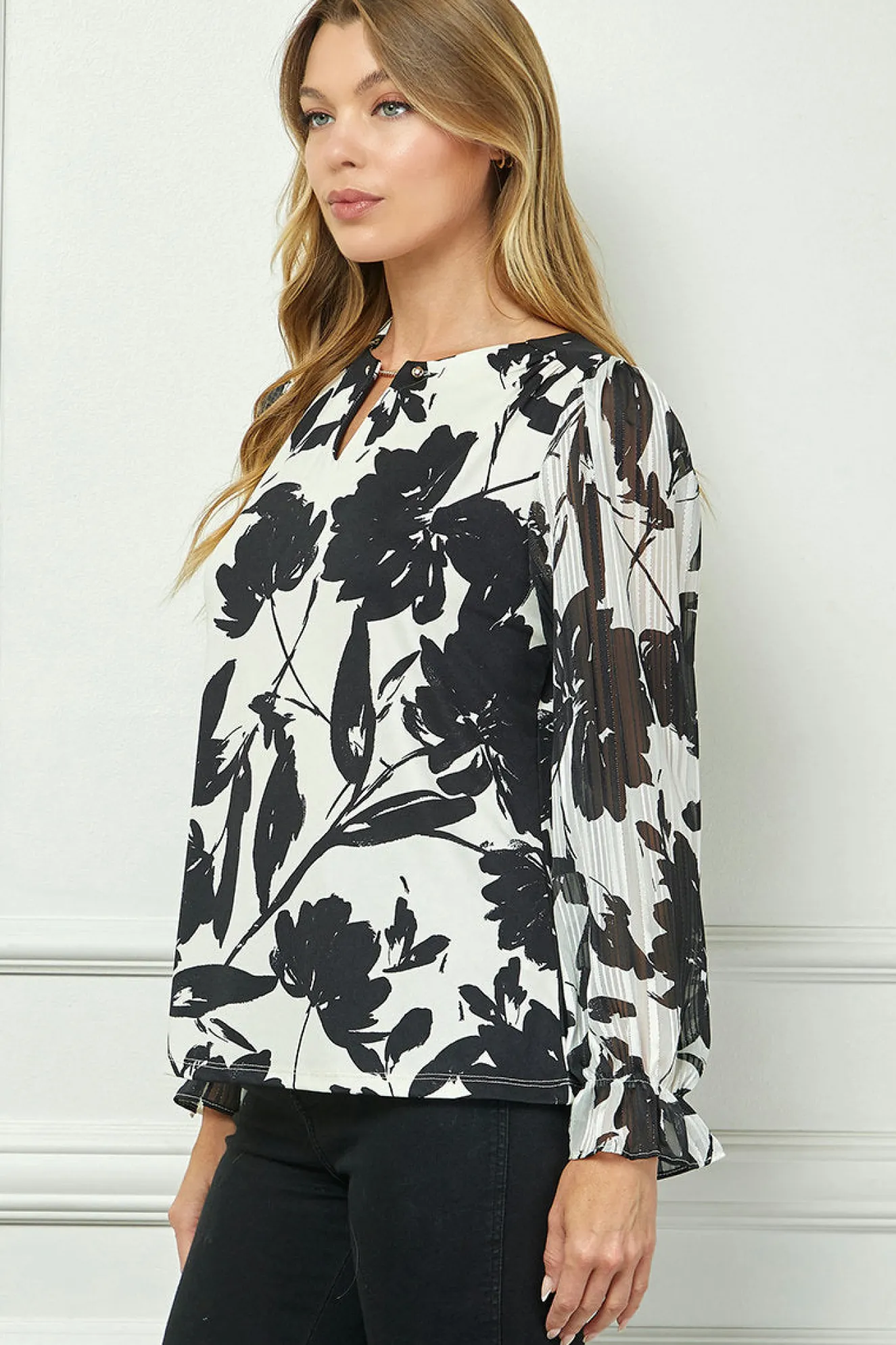 Long Ruffle Sleeve Cutout Trim Front Neck Mix Media Blouse