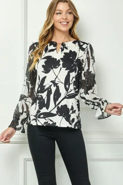 Long Ruffle Sleeve Cutout Trim Front Neck Mix Media Blouse