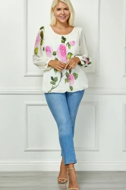 Long Sleeve Pleat Neck Placement Print Bubble Blouse in Ivory - Plus