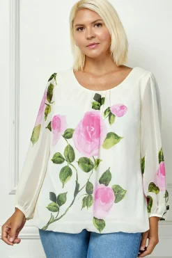 Long Sleeve Pleat Neck Placement Print Bubble Blouse in Ivory - Plus