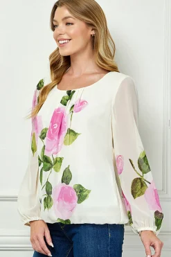 Long Sleeve Pleat Neck Placement Print Bubble Blouse in Ivory