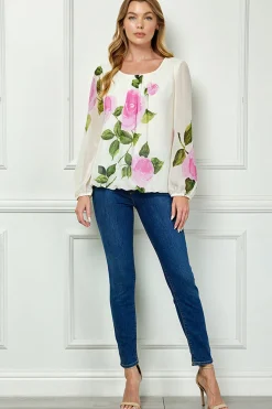 Long Sleeve Pleat Neck Placement Print Bubble Blouse in Ivory