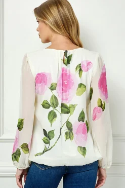 Long Sleeve Pleat Neck Placement Print Bubble Blouse in Ivory