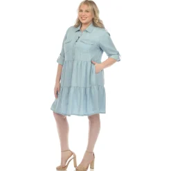 Long Sleeve Tiered Midi Shirt Dress - Plus