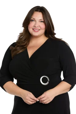 Midi Jersey Faux Wrap with 3/4 Sleeves-Black -Plus